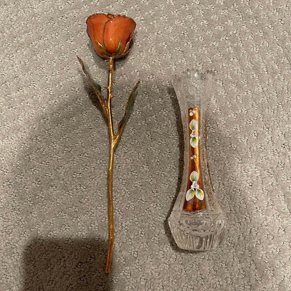 Gold dipped plated rose and hand made vase